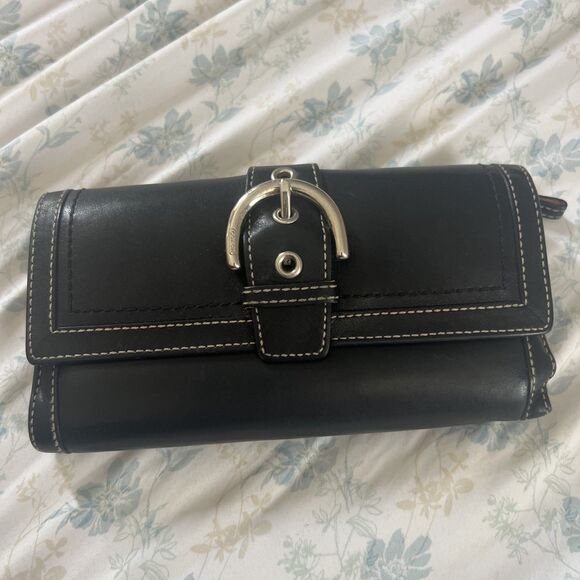 Coach Handbags - Vintage Coach Black 90s Long Tri Fold Wallet With Check Book Silver Buckle SOHO